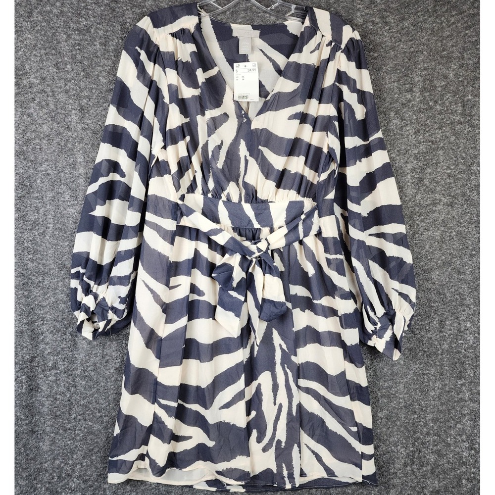 H&M Zebra Print Mini Dress‎ Womens XS Navy Cream V-Neck Balloon Sleeve NWT